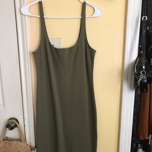 Army green mid length bodycon dress.